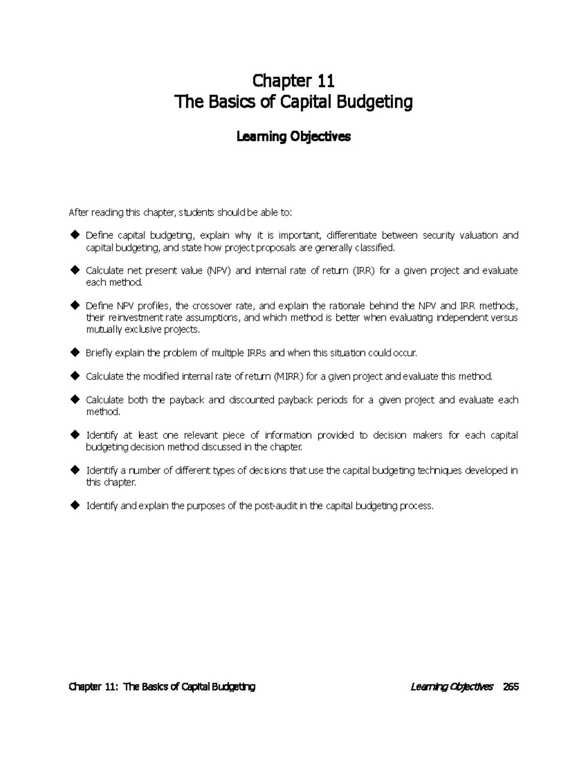 Chapter 11: Capital Budgeting Fundamentals and Learning Objectives ...
