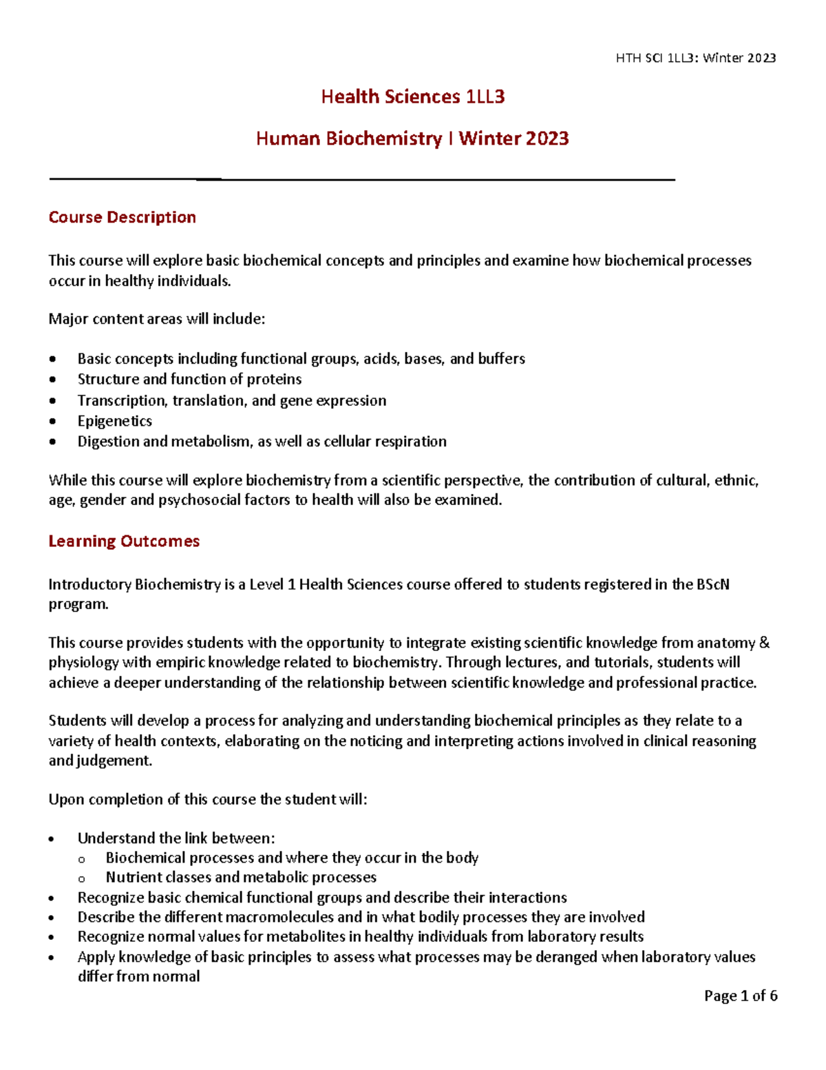 HTH SCI 1LL3 - Human Biochemistry I Course Outline - Winter 2023 - Studocu