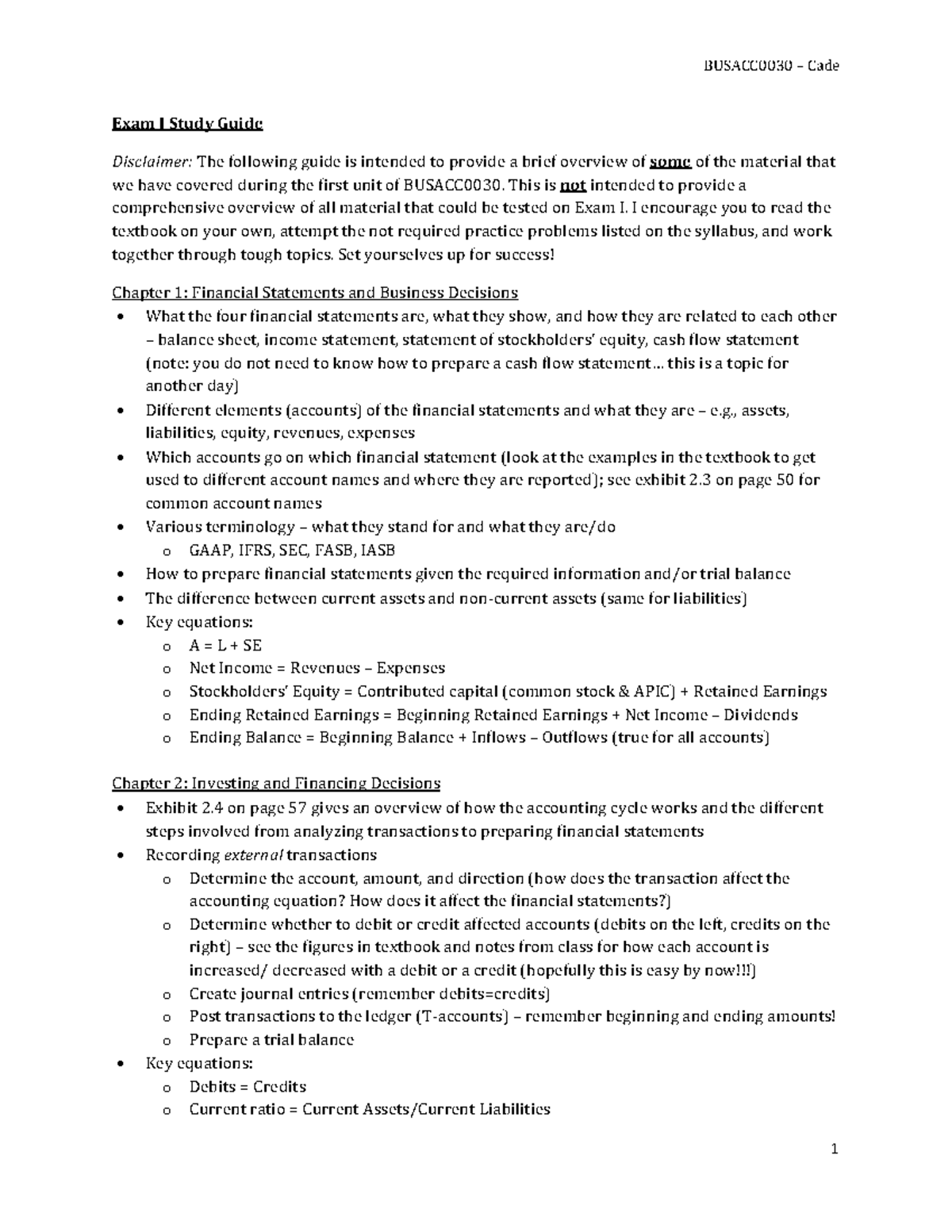 BUSACC0030 Final Exam Study Guide: Financial Statements & Key Concepts ...