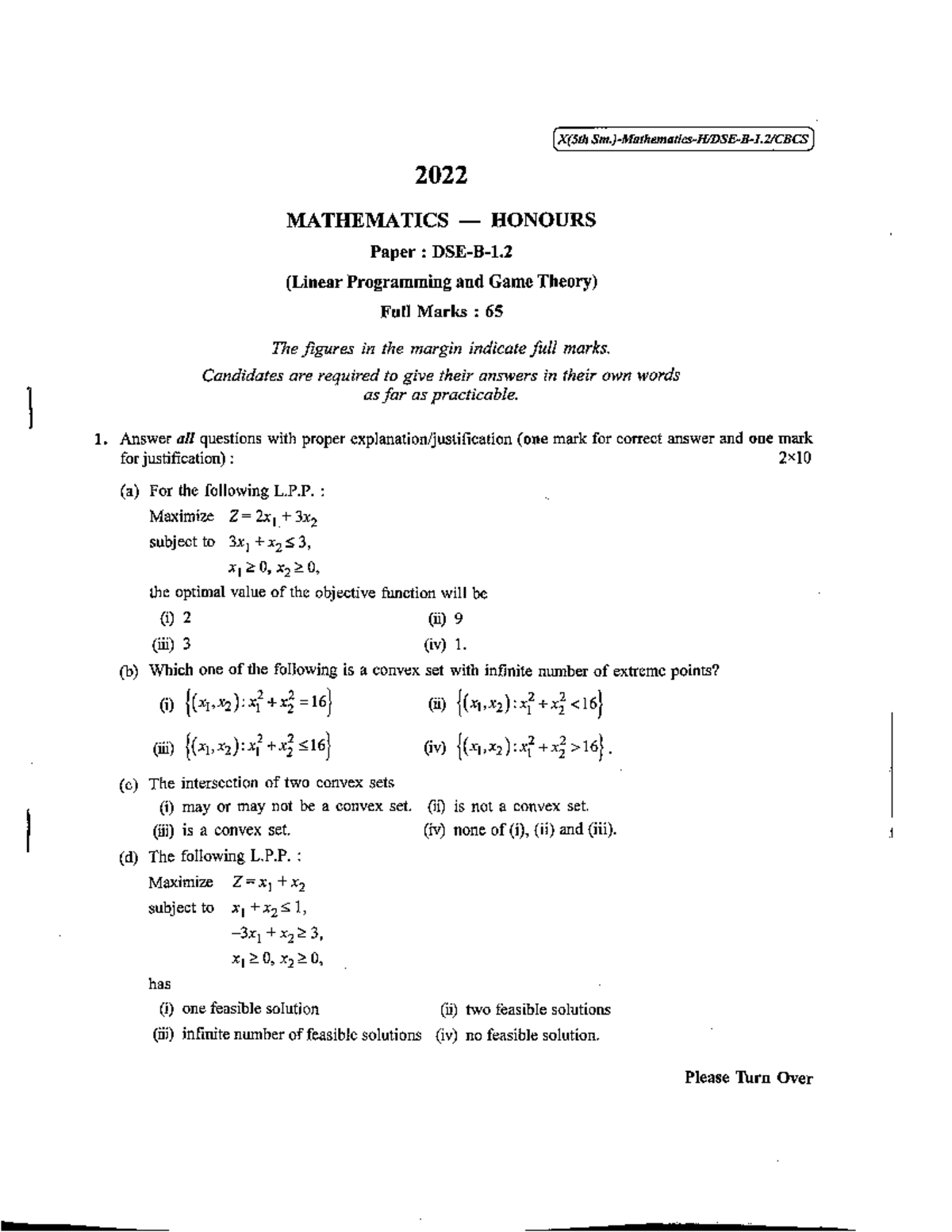 Mathematics Honours (X5) 2022: Linear Programming & Game Theory Exam ...