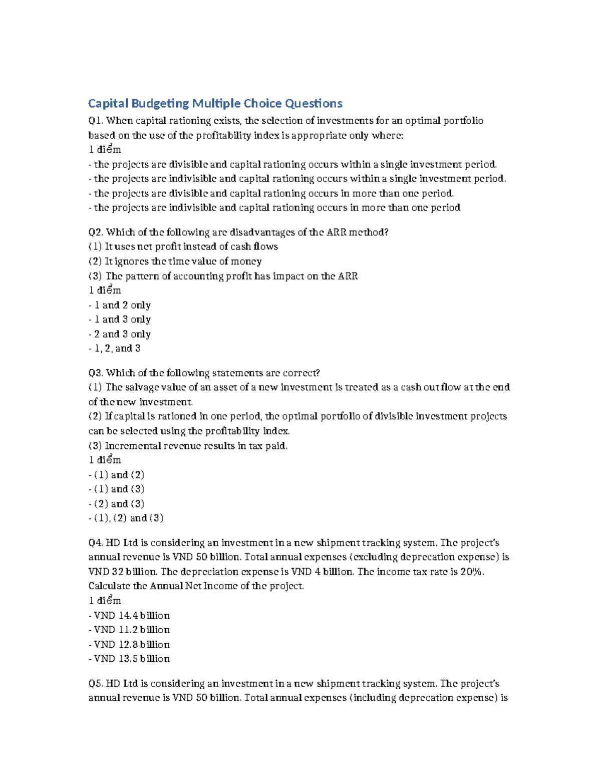 Capital Budgeting MCQs for Exam Preparation - Studocu