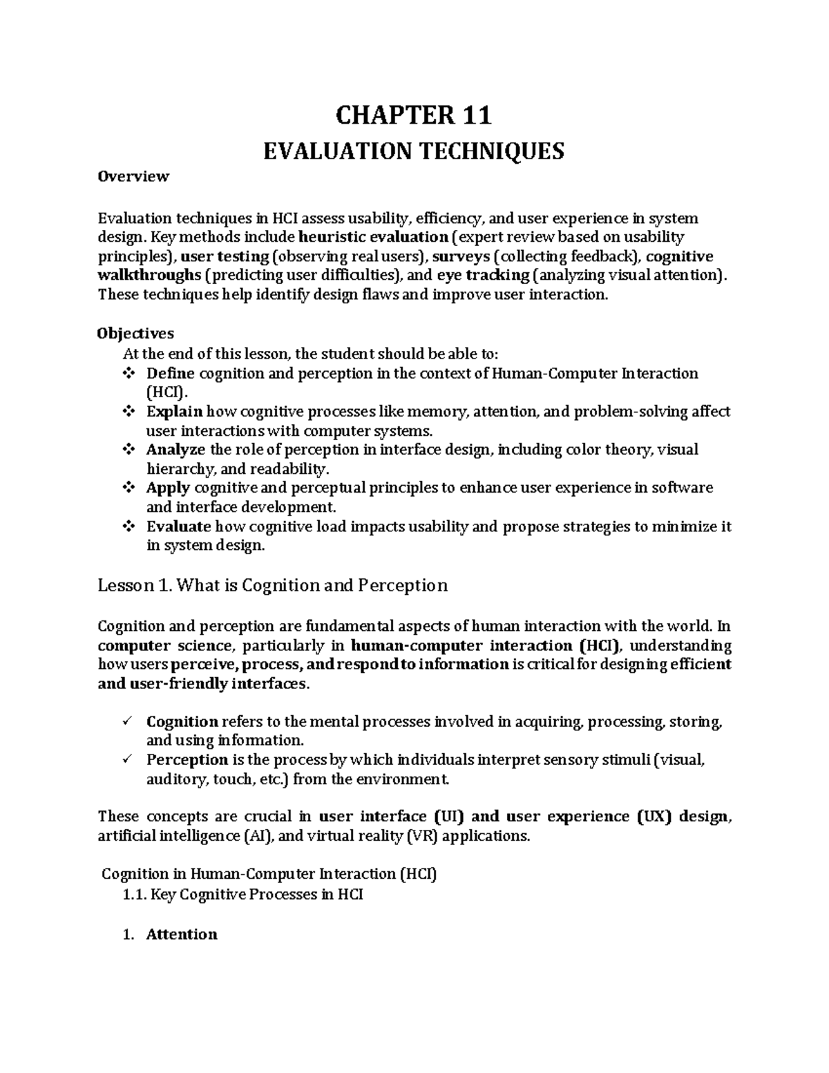 Final Lecture Notes on HCI Evaluation Techniques and Universal Design ...