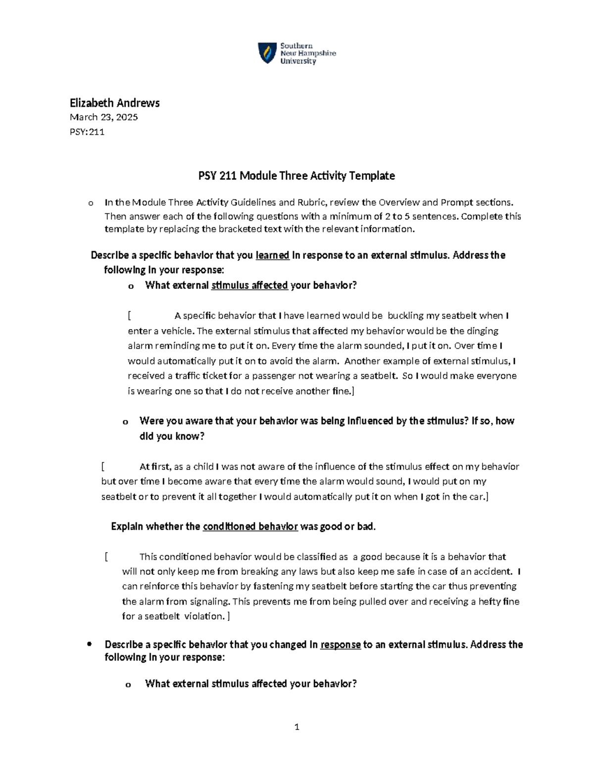 PSY 211 Module Three Activity: Exploring Behavior Change and ...