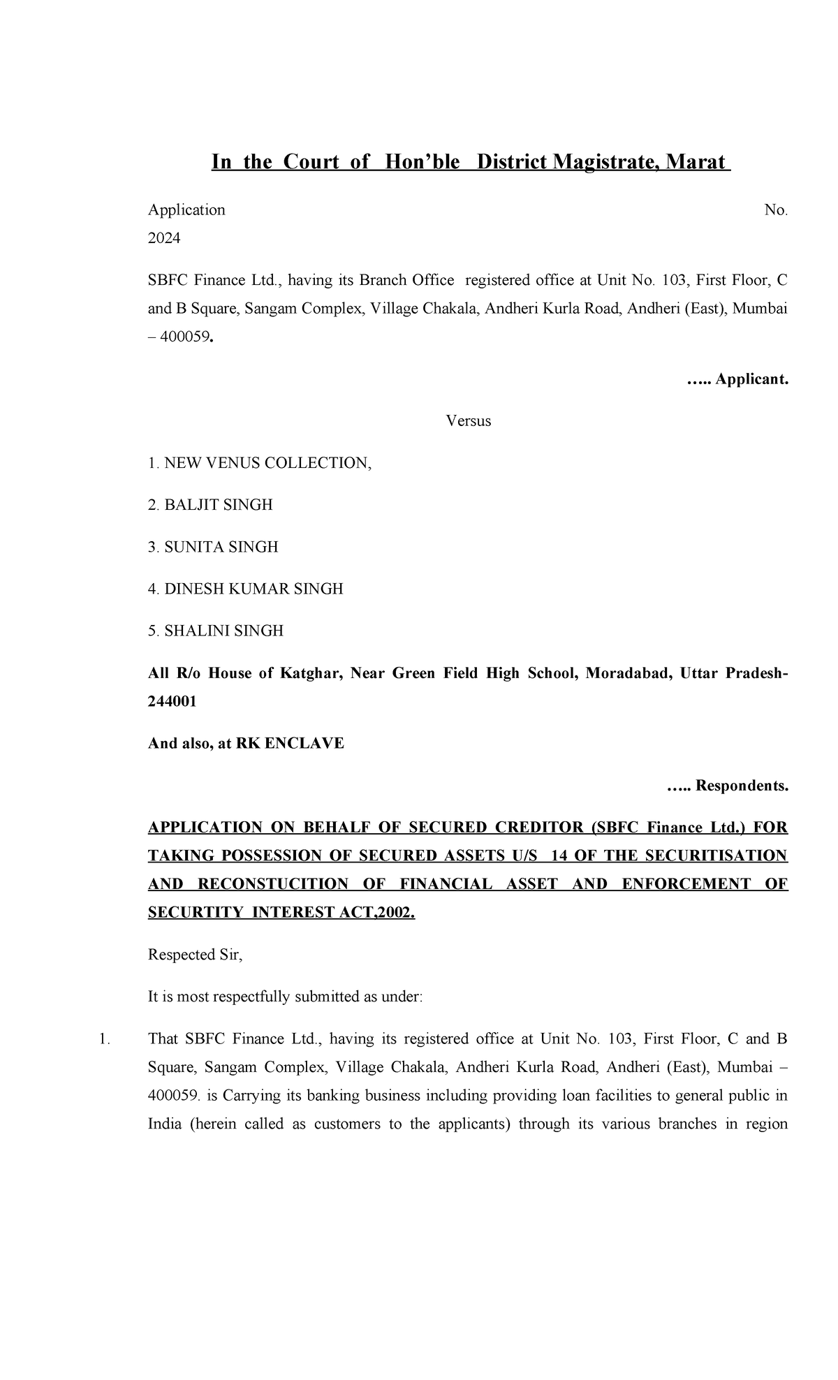 SBFC vs New Venus Collection - In the Court of Hon’ble District ...