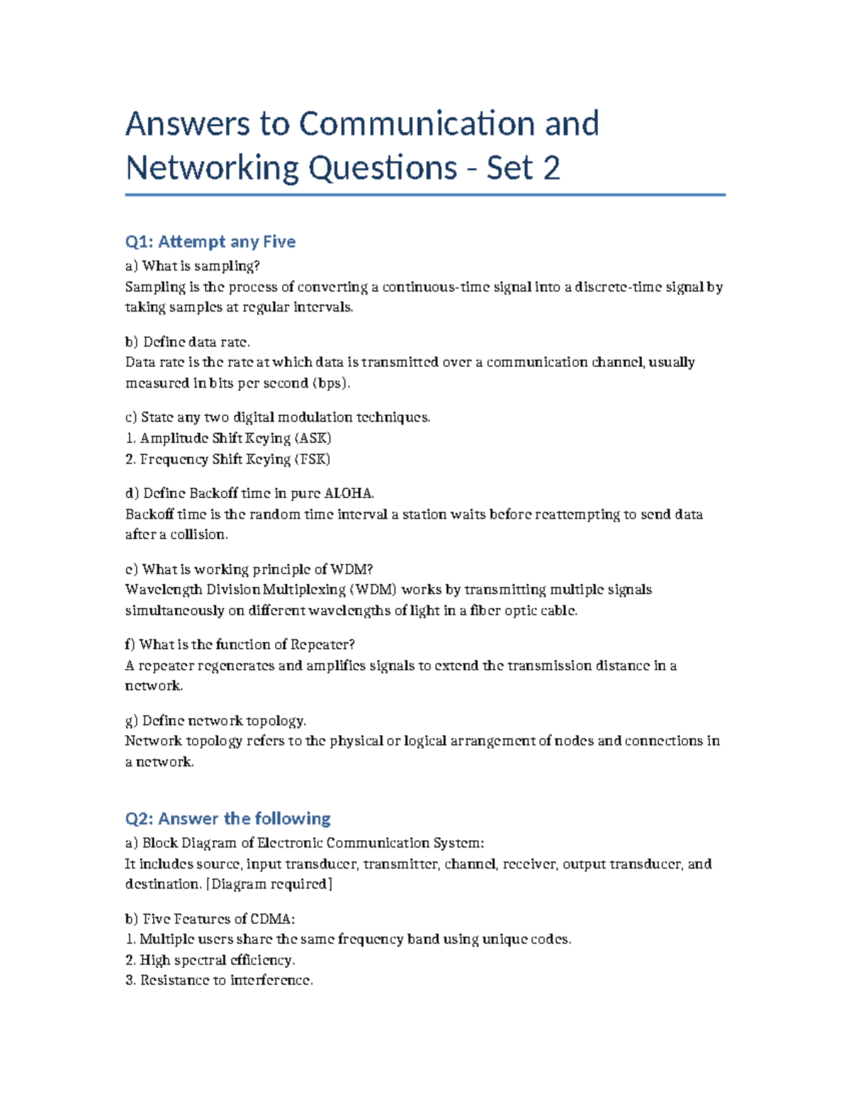 Comm Networking Answers Set 2: Key Concepts & Techniques - Studocu