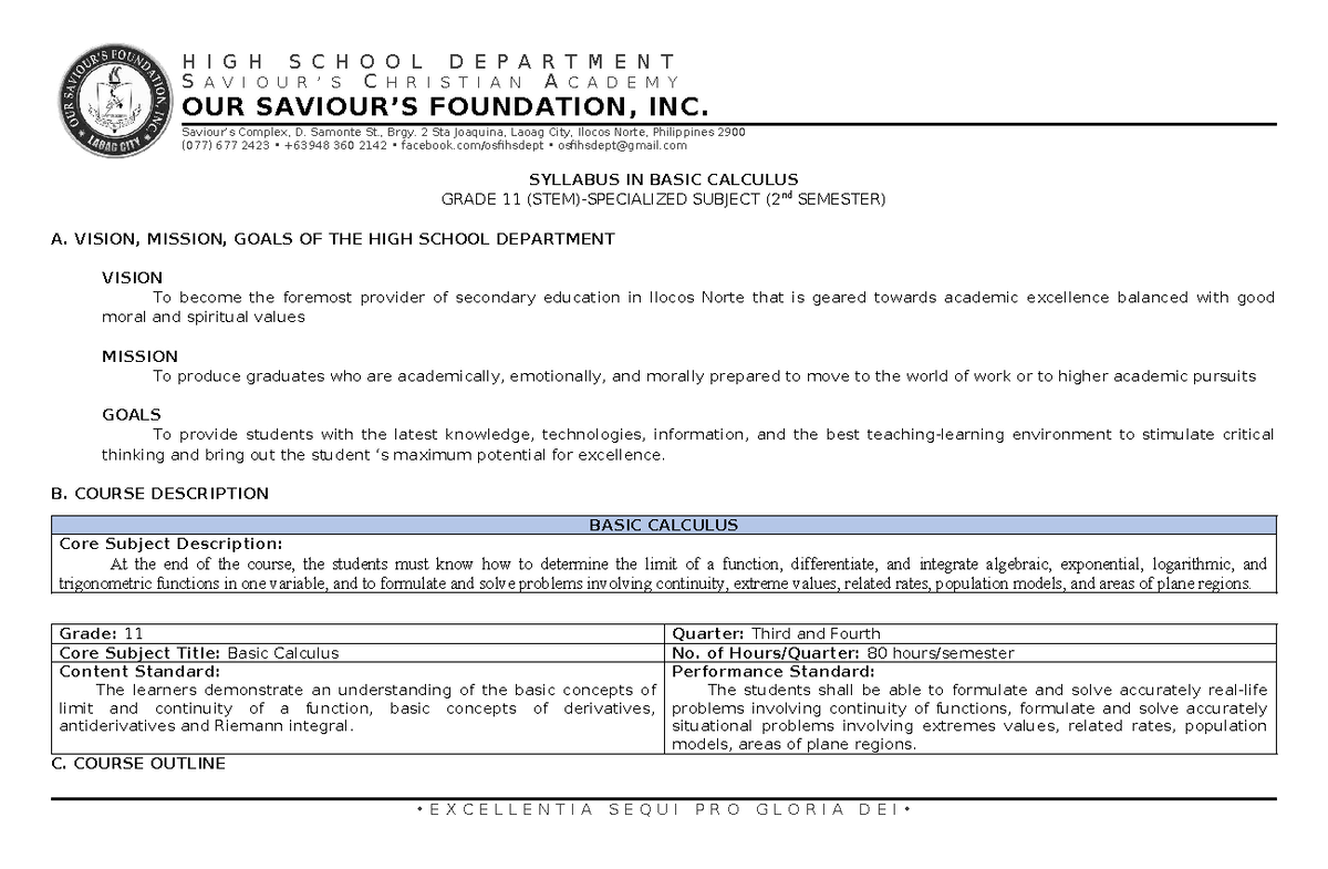 Syllabus for Basic Calculus G11 - STEM (2nd Semester) at Savio Academy ...