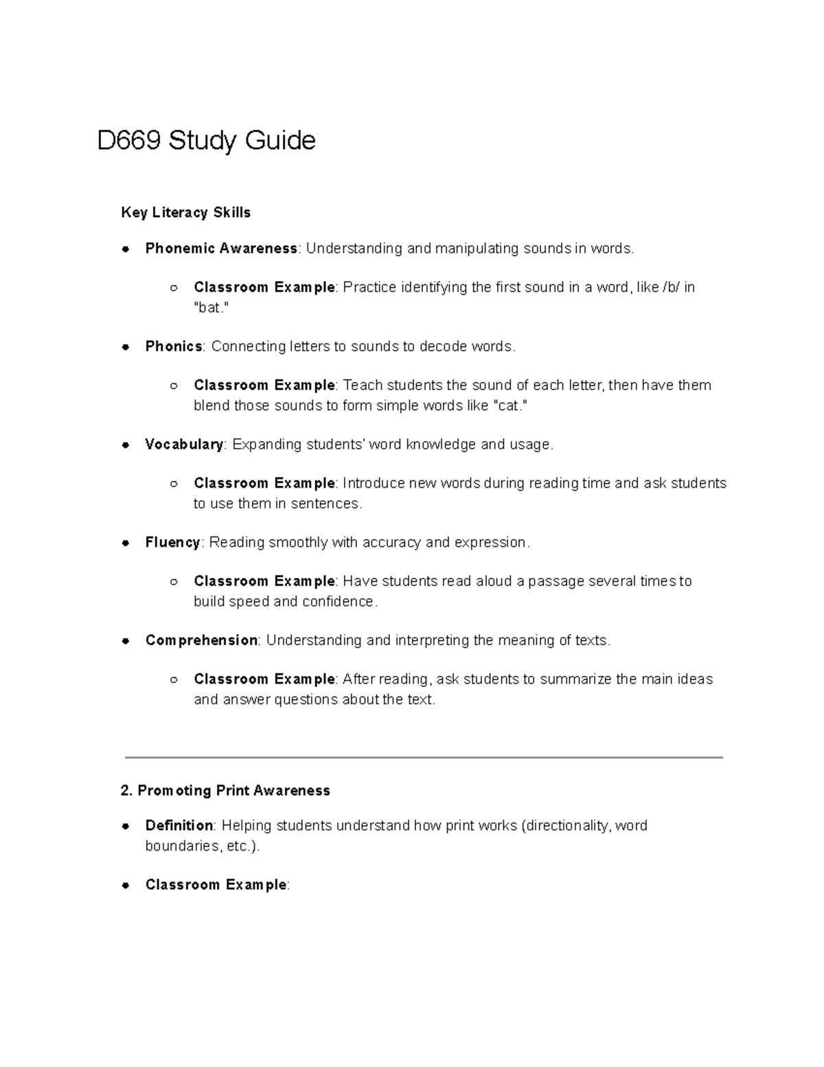 D669 Study Guide: Key Literacy Skills and Classroom Strategies - Studocu