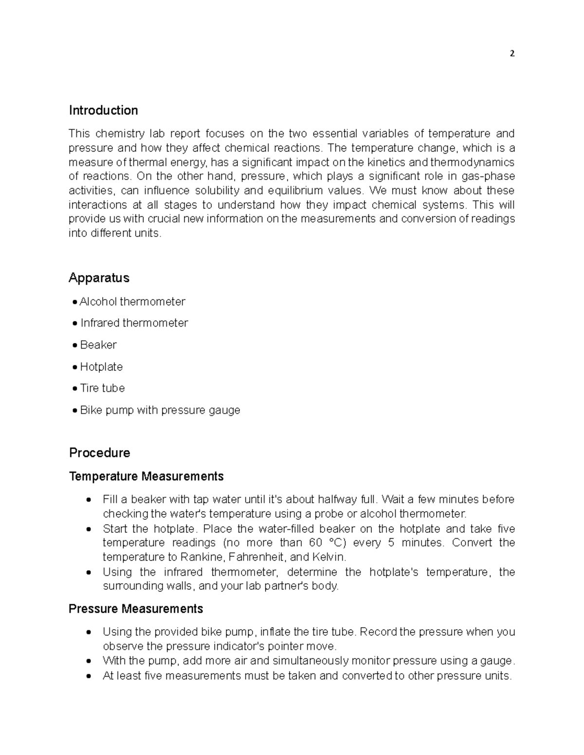 Chemistry Lab Report 1 - Investigating Temperature and Pressure Effects ...