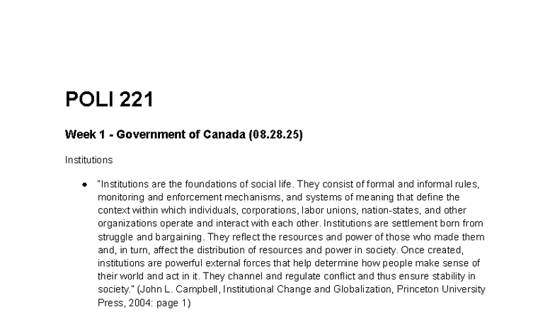 POLI 221 Week 1-8 Comprehensive Notes on Canadian Government ...