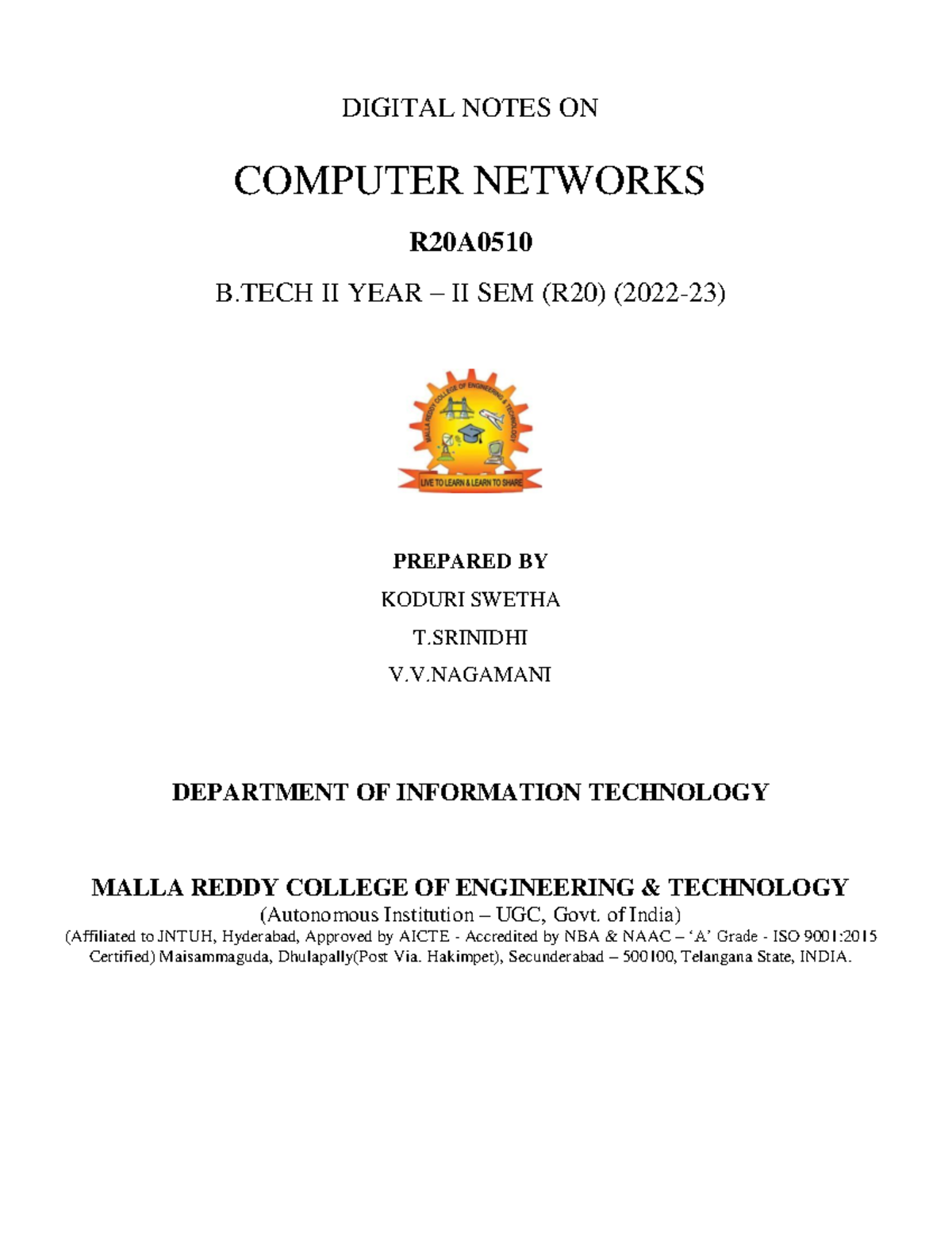 IT (20) 2-2 Computer Networks Complete Digital Notes (2022-23) - Studocu