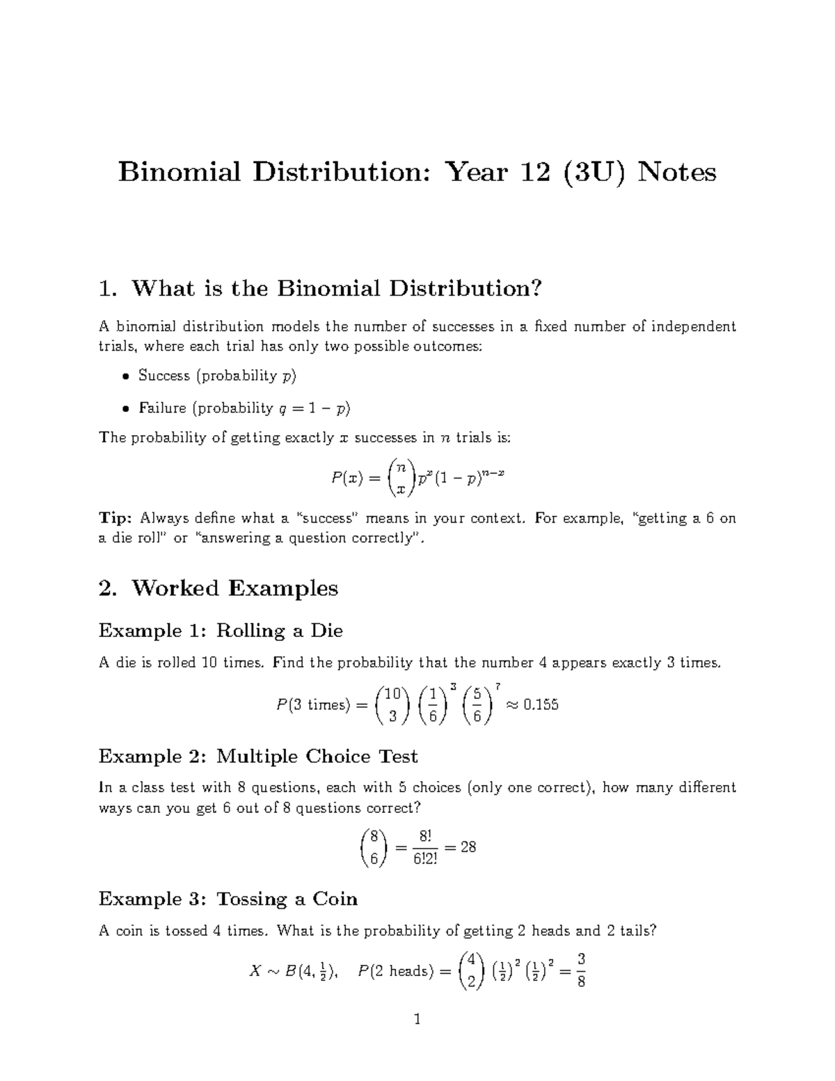 Binomial Distribution Notes: Year 12 (3U) Study Guide - Studocu