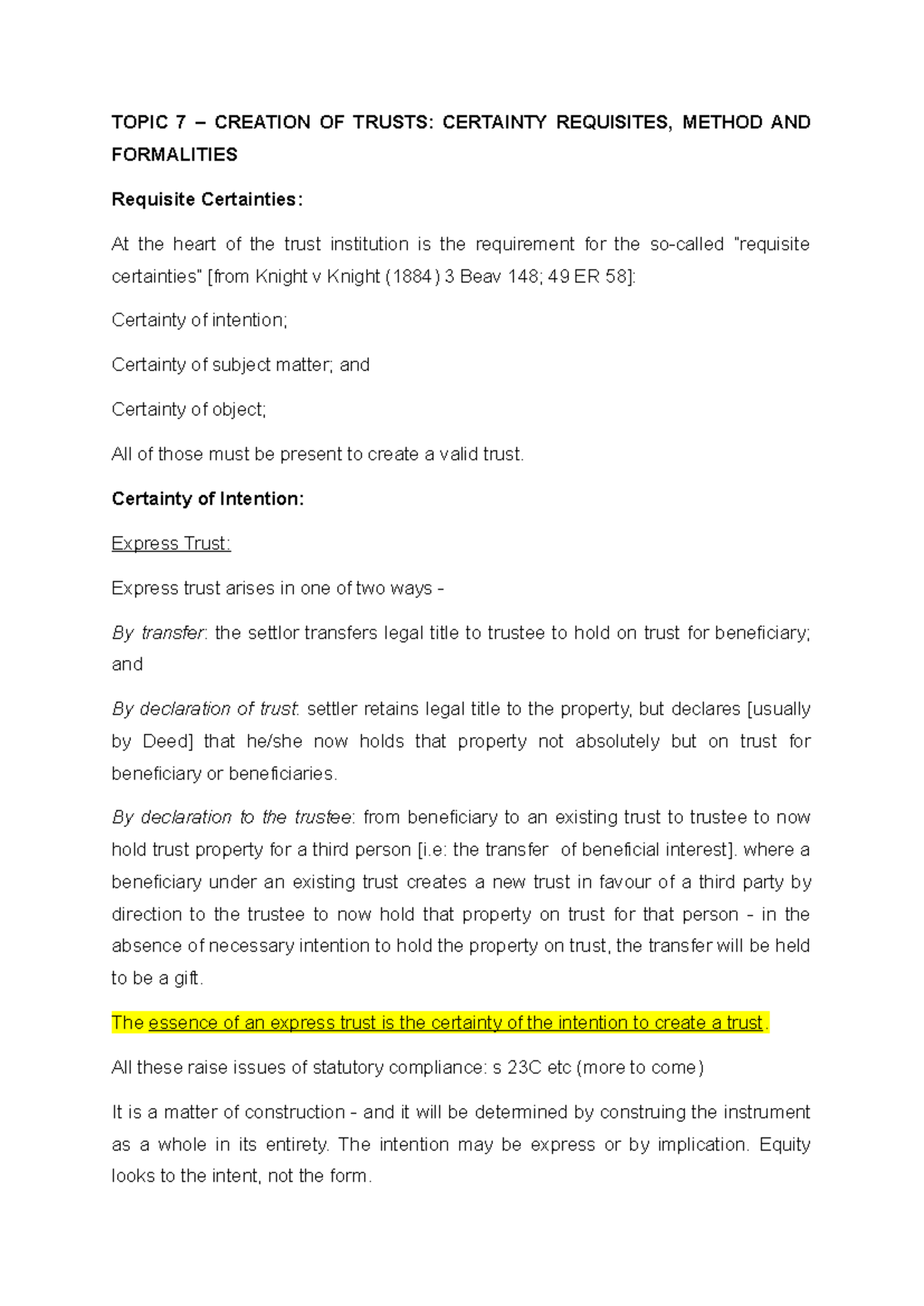 Class Notes: Topic 7 - Creation of Trusts: Certainty, Requisites ...
