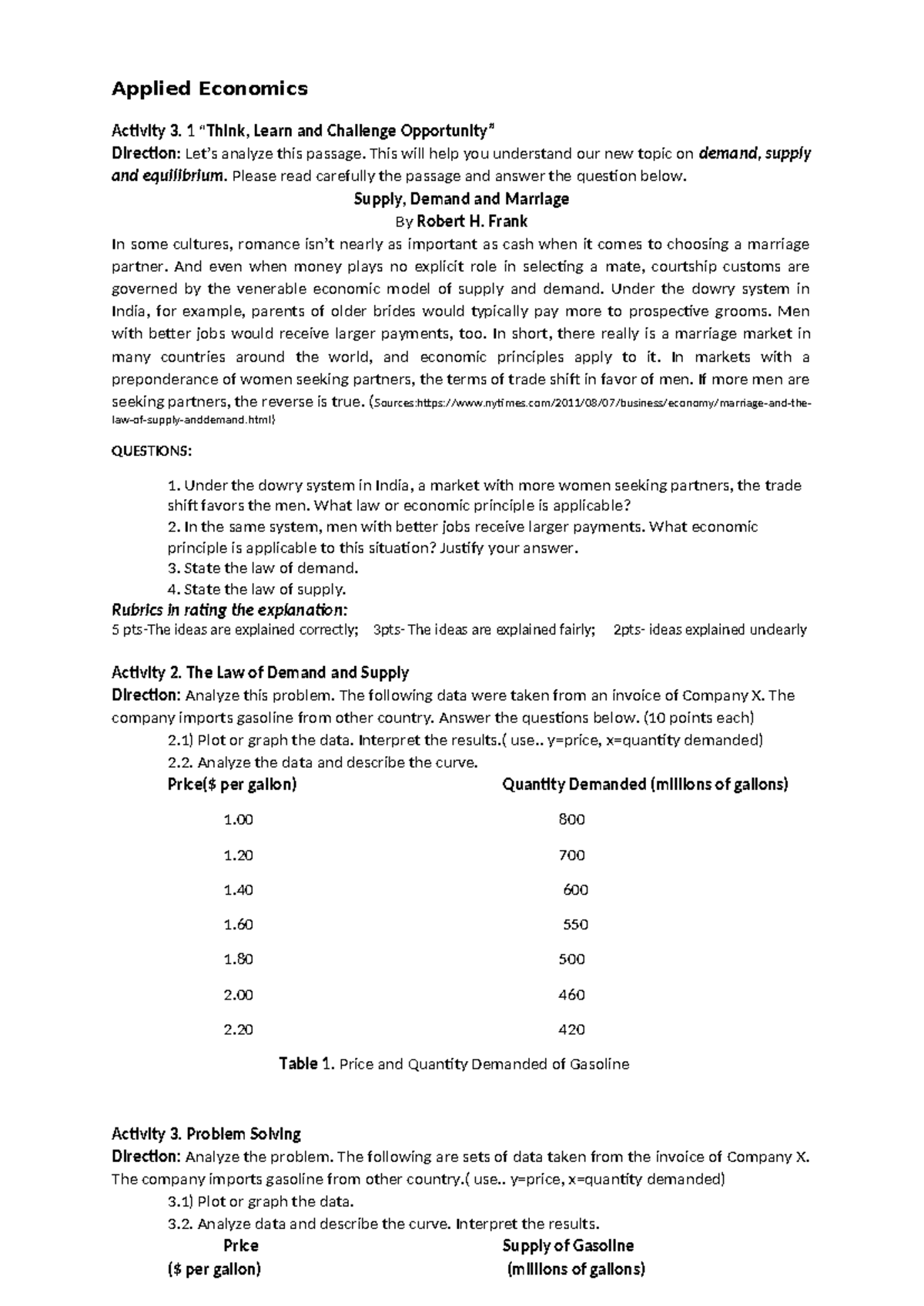 Applied Economics - Applied Economics Activity 3. 1 “Think, Learn and ...