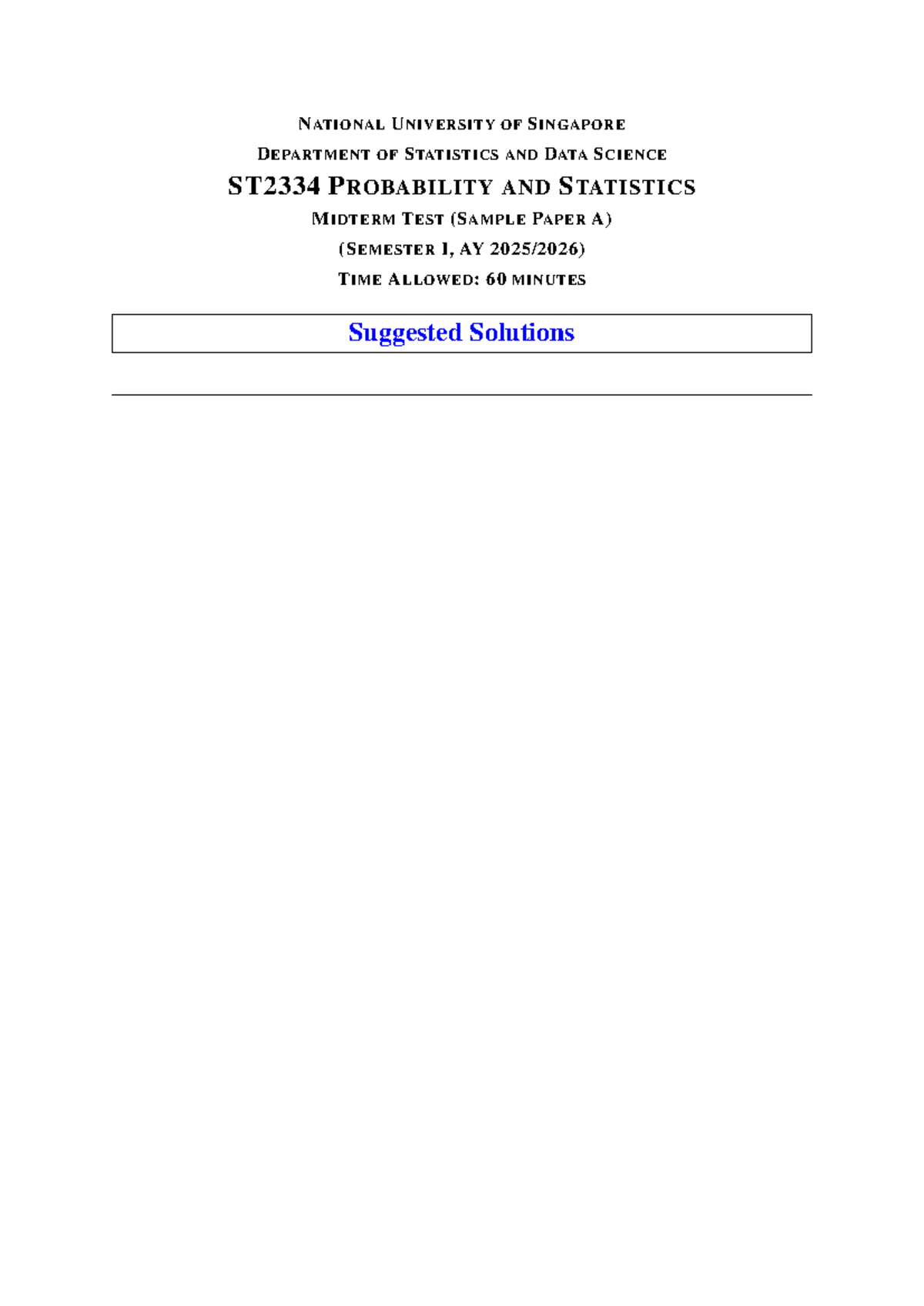 ST2334 Probability and Statistics Midterm Sample Paper A - Studocu