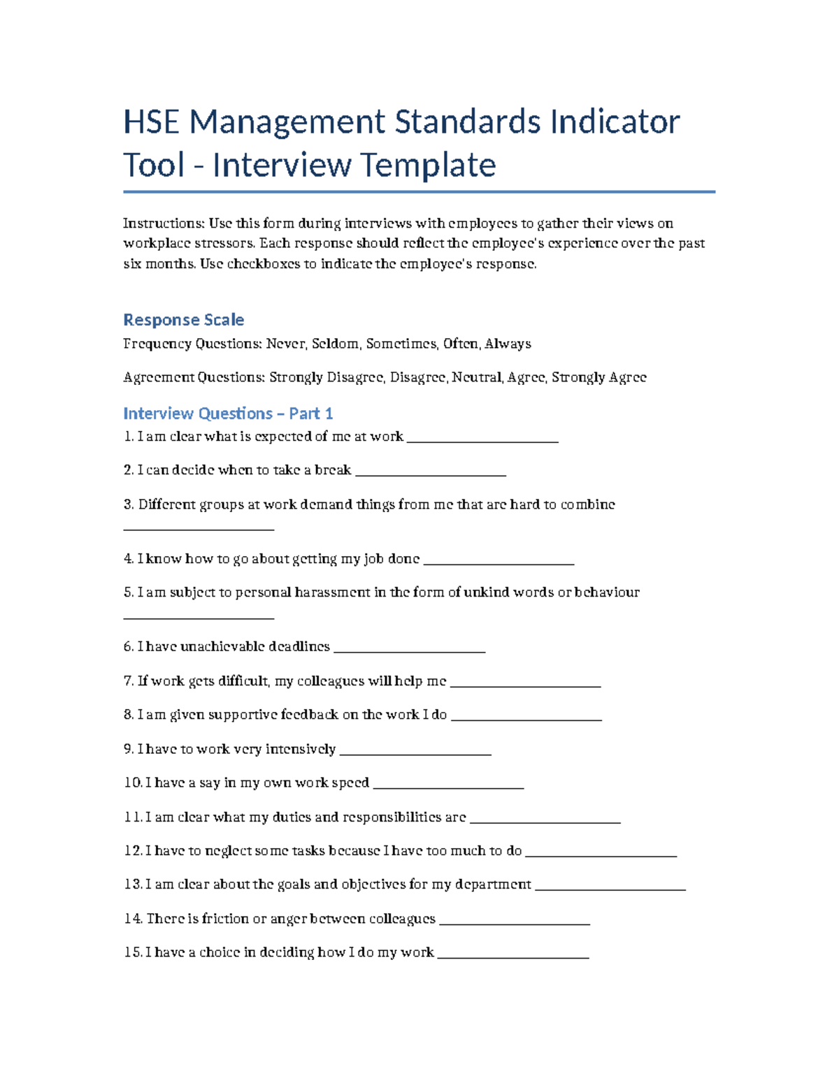 HSE Management Standards Interview Template for Workplace Stressors ...
