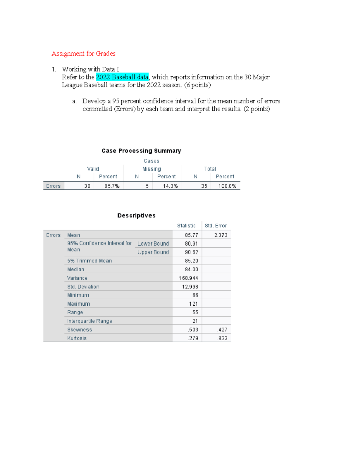 SPSS Assignment 4: Analyzing MLB & NBA Data with Confidence Intervals ...