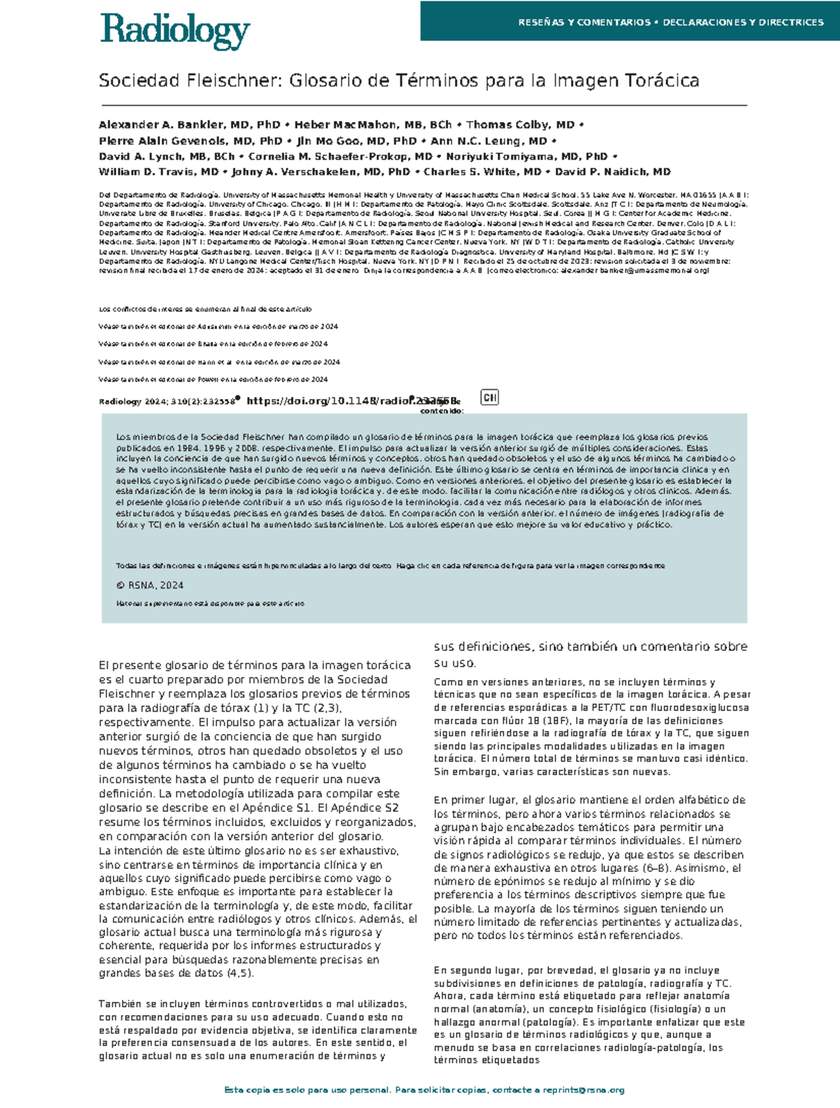 Fleischner Society: Glosario de Términos para Imágenes Torácicas (2024 ...