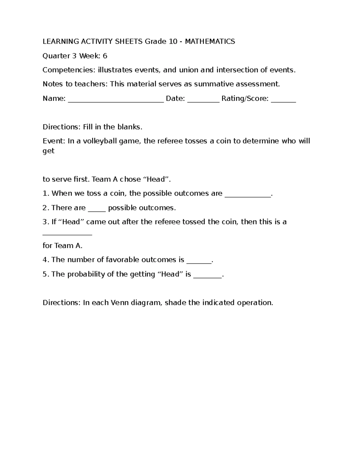 Grade 10 Math Learning Activity Sheets: Permutations & Meal Sets - Studocu