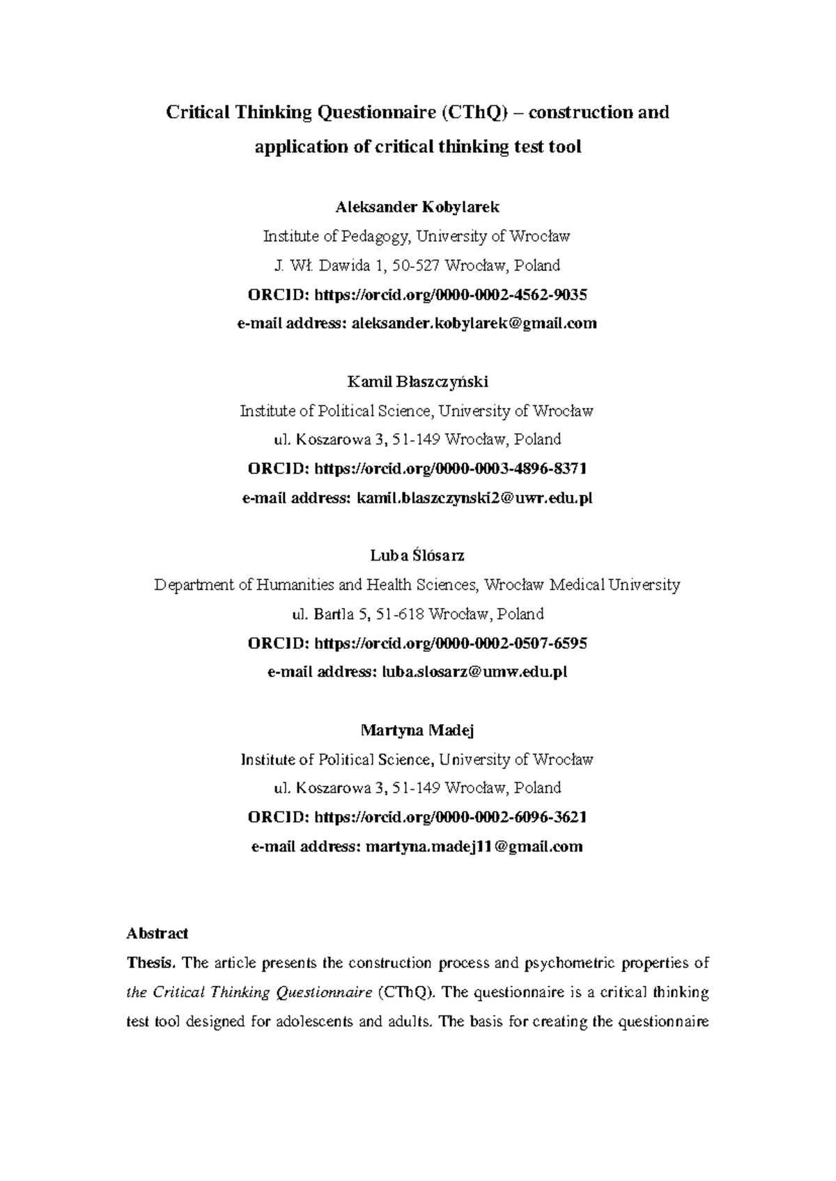 Critical+Thinking+Questionnaire+(CTh - Studocu