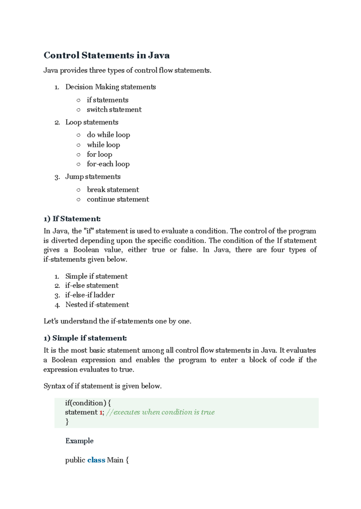 Java Control Statements: If, Switch, Loops & Arrays (Java Notes) - Studocu