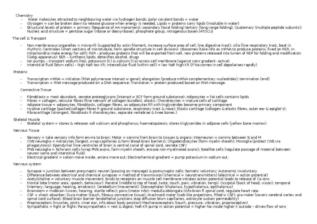 Human Bioscience Summary Sheet: Key Concepts and Structures - Studocu