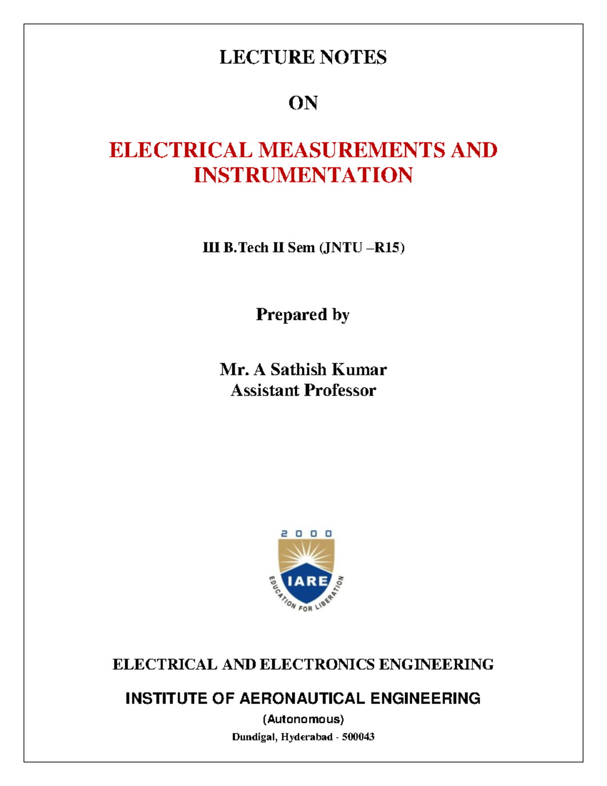 IARE EEI Lecture Notes on Electrical Measurements & Instrumentation ...