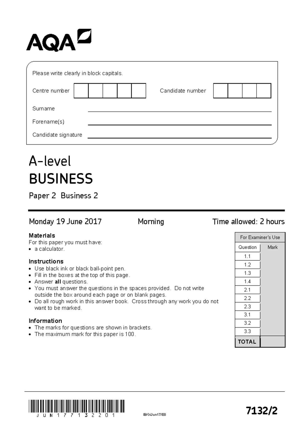 AQA A Level Business Paper 2 Exam - June 2017 Questions - Studocu