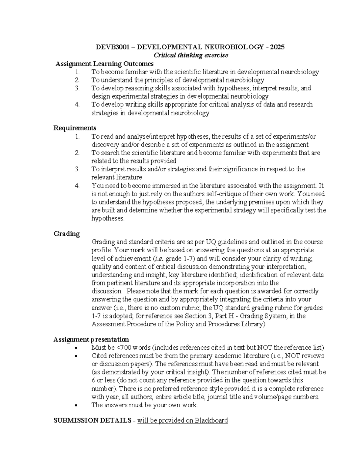 DEVB3001 Developmental Neurobiology 2025 - Critical Thinking Assignment ...