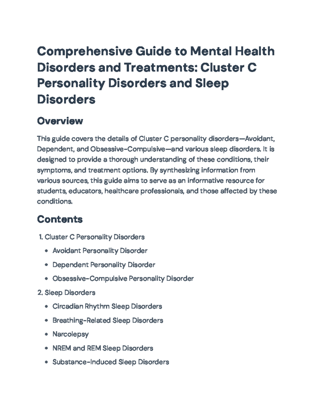 Cluster C Personality Disorders & Sleep Disorders Overview Guide ...