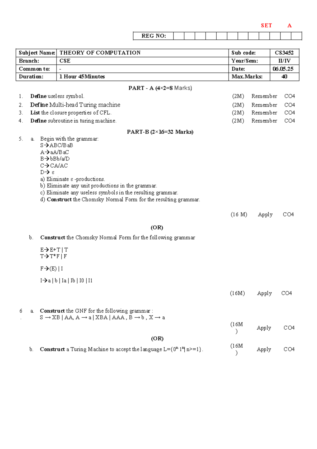 CS3452 Set A - Theory of Computation Internal Assessment Questions ...