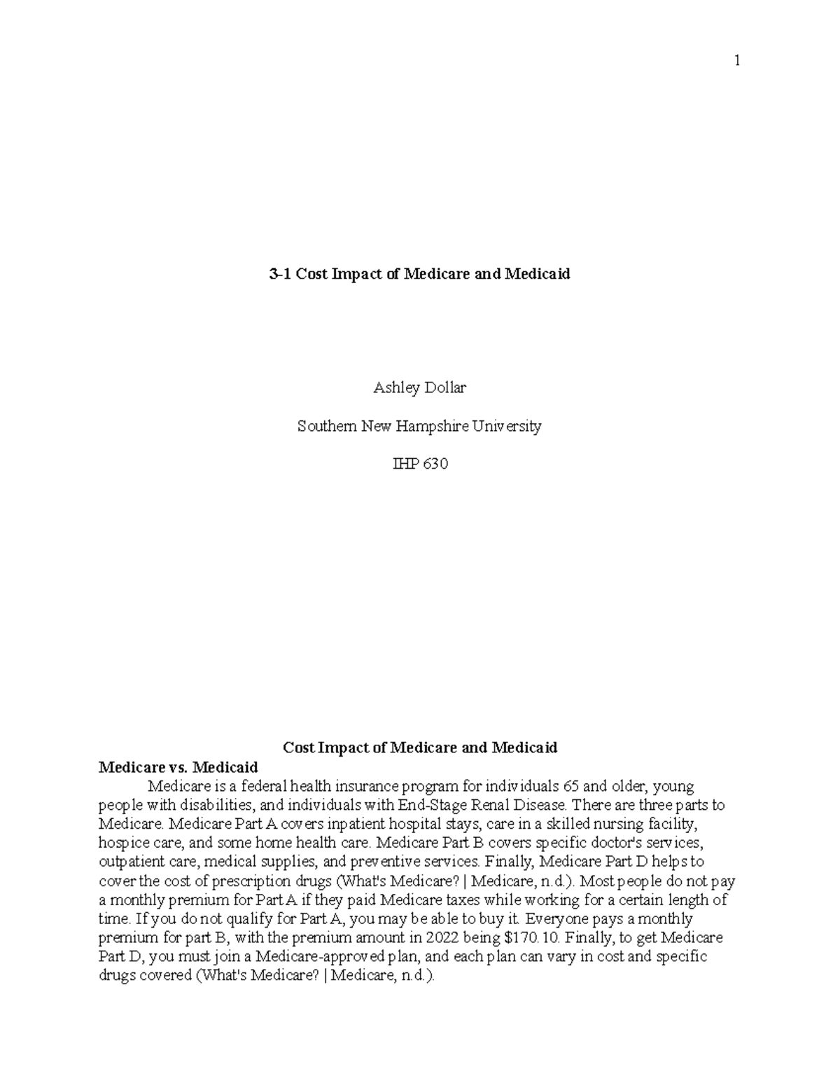 IHP 630 Case Study: Cost Impact Analysis of Medicare & Medicaid - Studocu