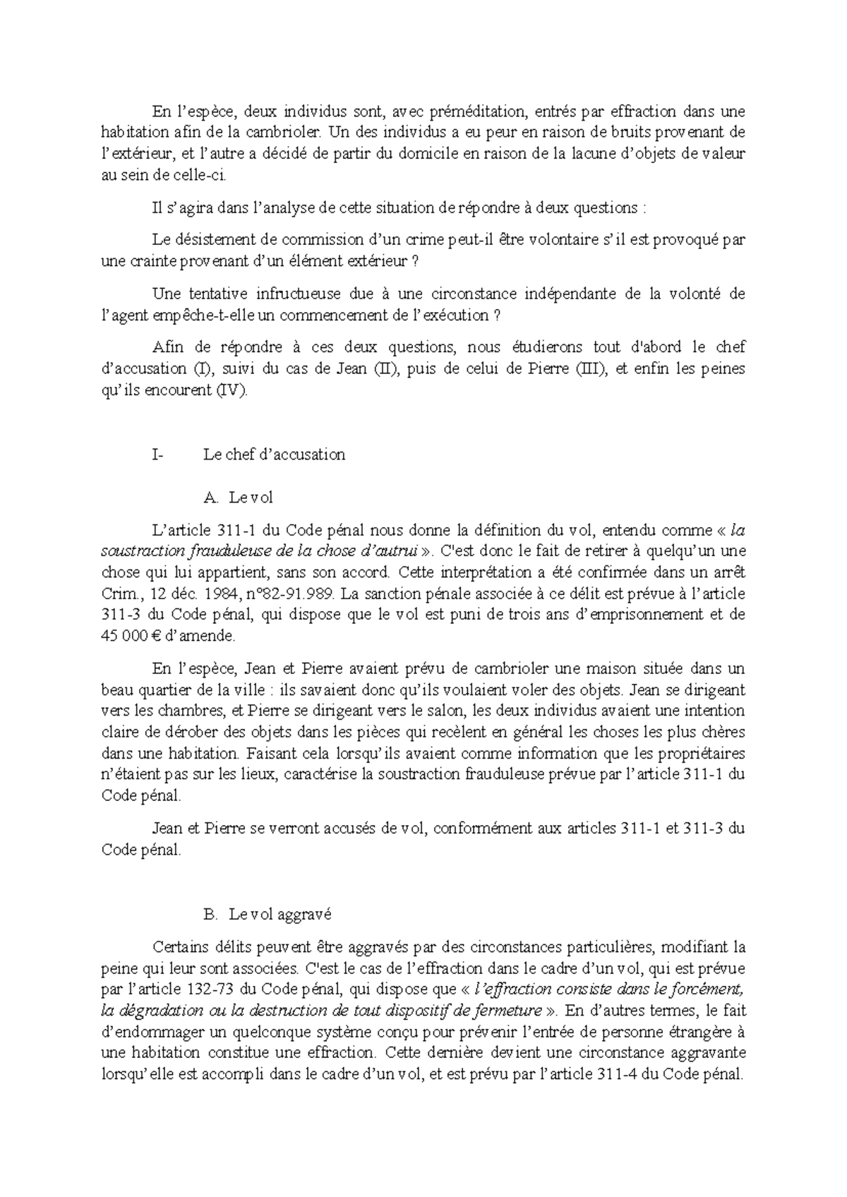 Cas Pratique: Vol et Tentative de Vol Aggravé selon le Code Pénal - Studocu