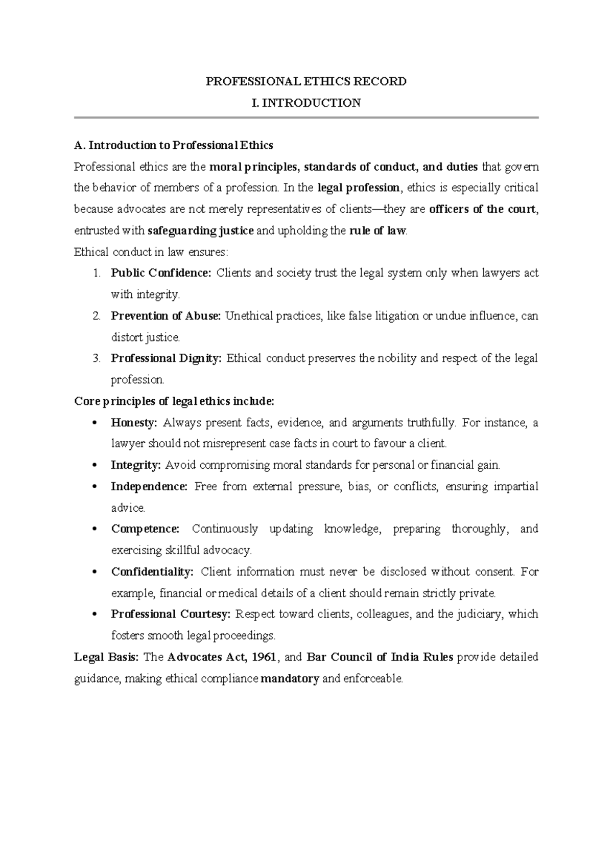 Professional Ethics Notes for Law Course (LEC 101) - Studocu