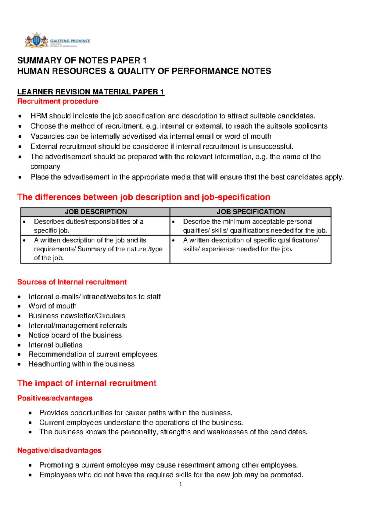 HRM Paper 1: Recruitment, Induction & TQM Notes for High Risk Learners ...