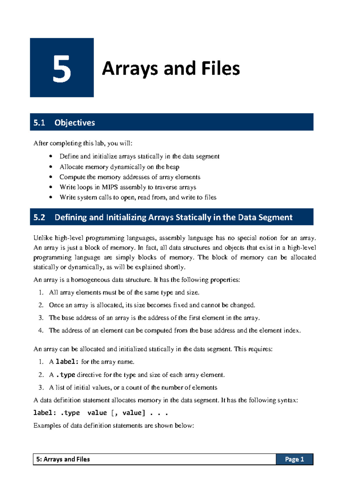 Lab 5: Arrays and Files - MIPS Assembly Programming Guide - Studocu