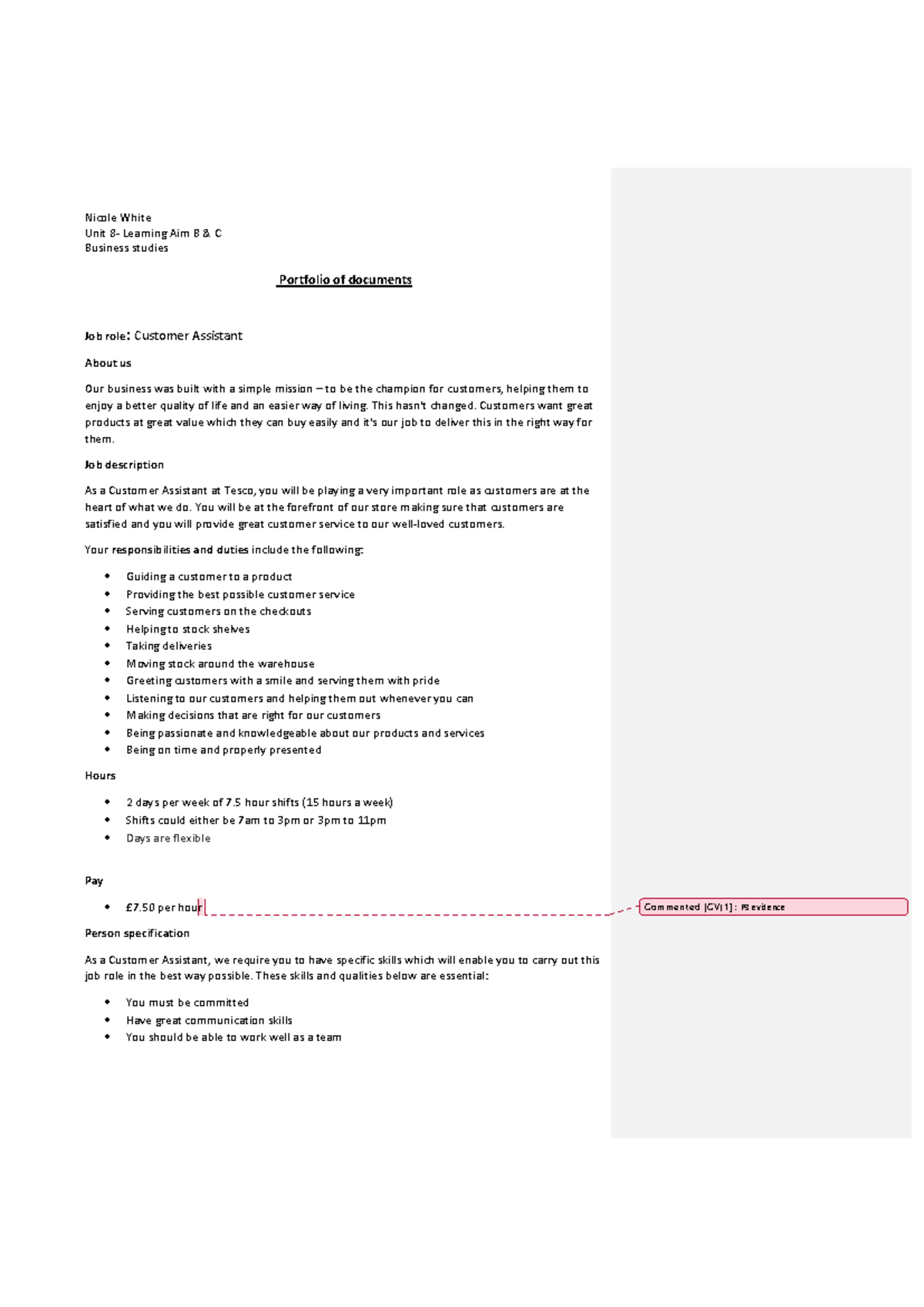 Unit 8 P3 Exemplar: Customer Assistant Role at Tesco - Nicole White ...