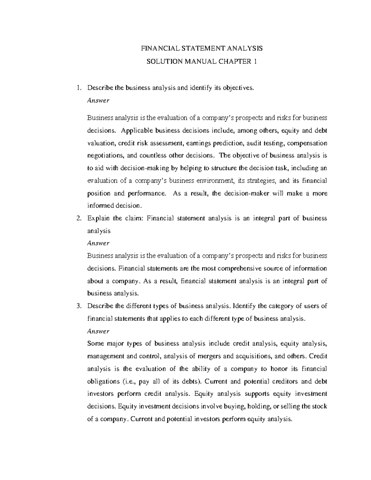 Financial Statement Analysis Solution Manual: Insights from Chapter 1 ...