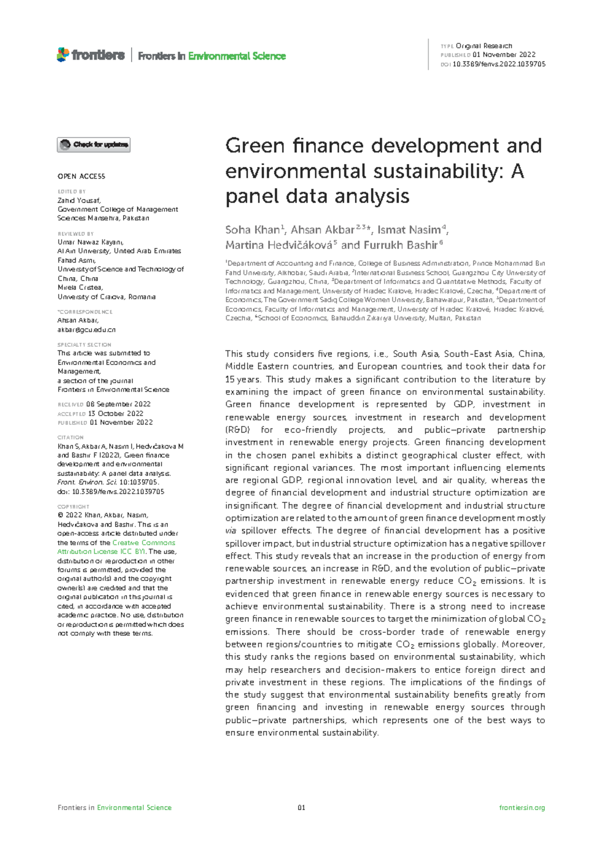 Impact of Green Finance on Environmental Sustainability: A Panel Data ...