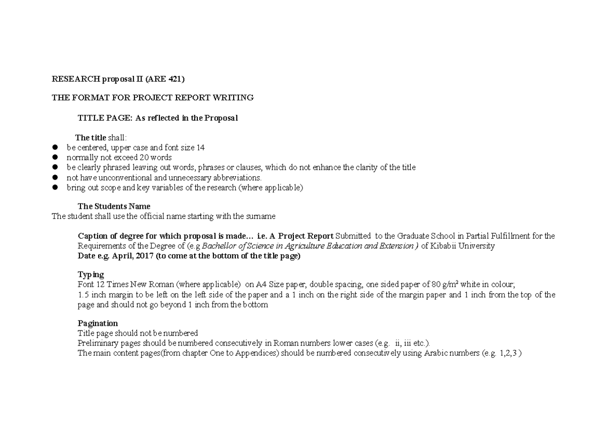 RESEARCH METHODS FORMAT FOR PROJECT REPORT (ARE 421) - Studocu