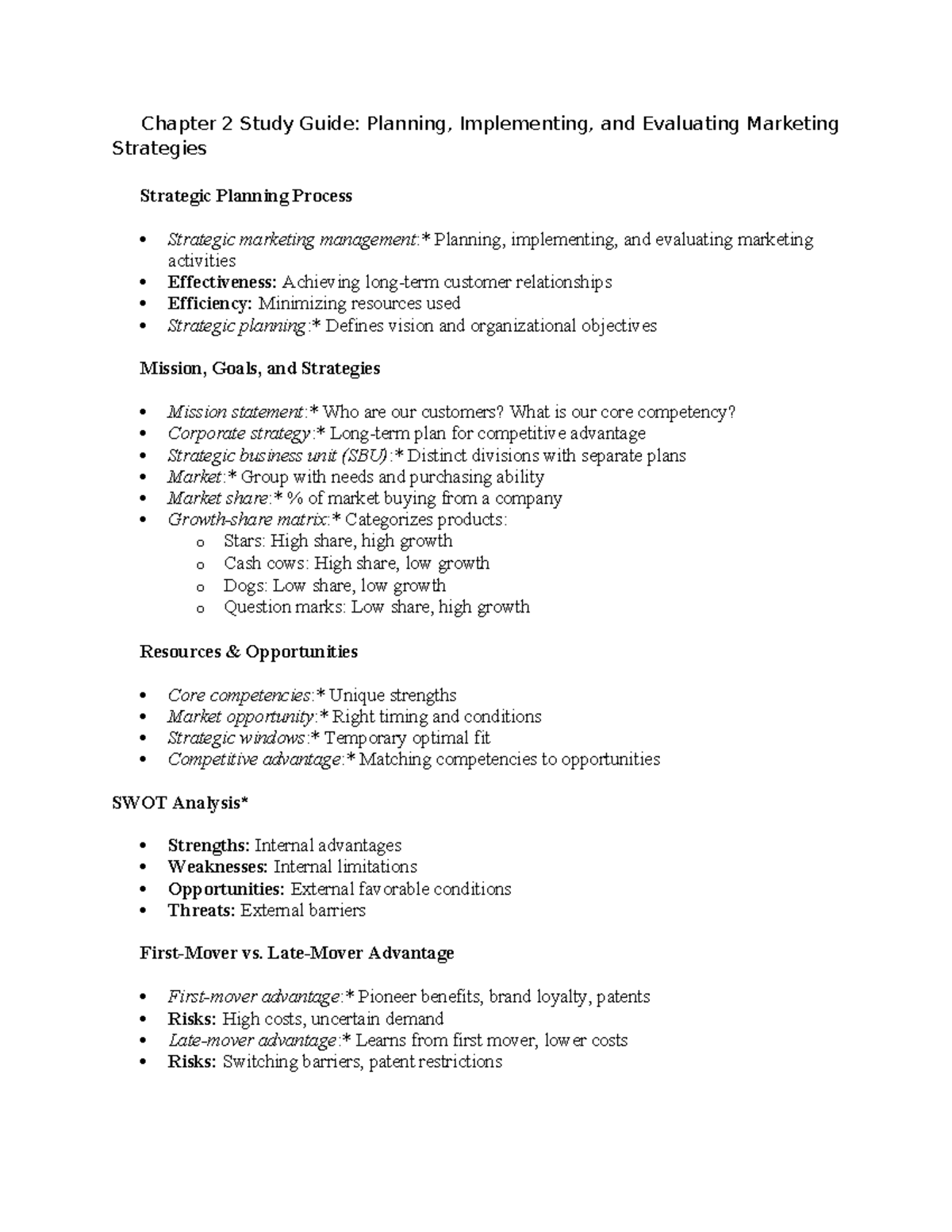 Chapter 2 Study Guide: Strategic Marketing Planning & Evaluation - Studocu
