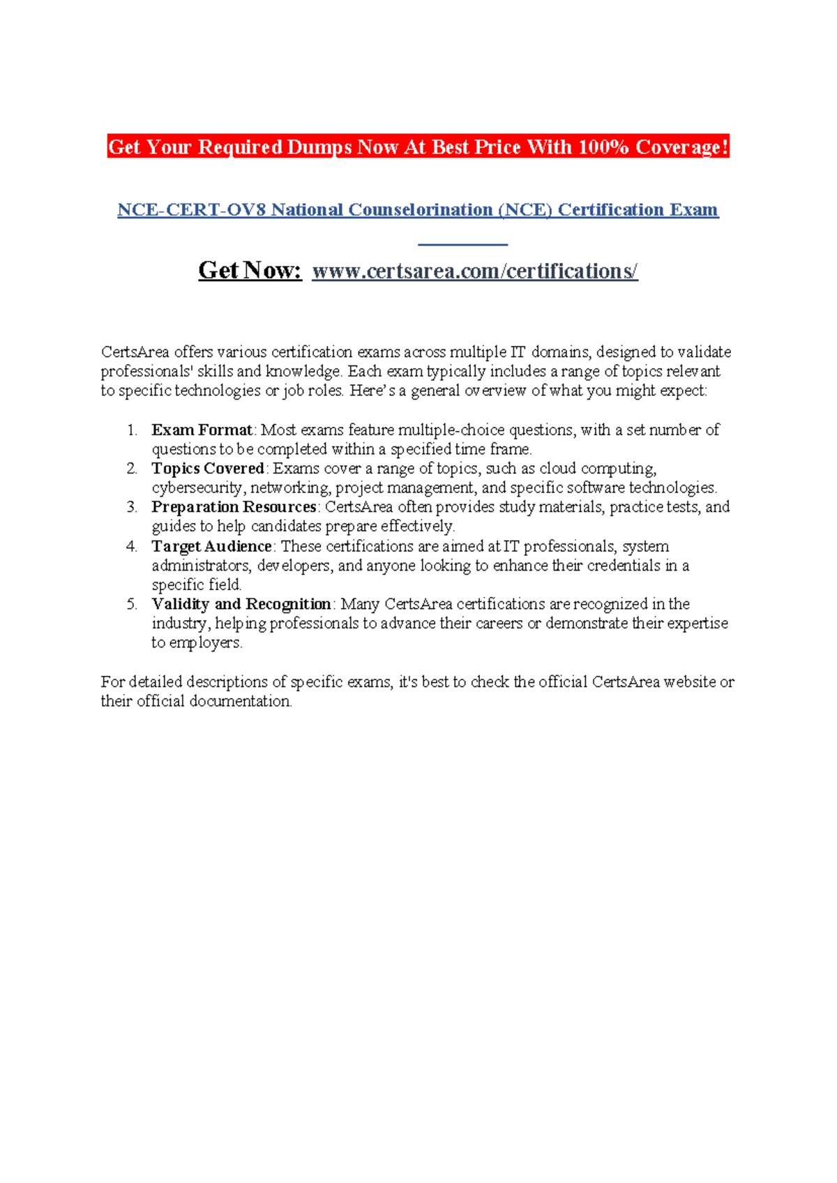 NCE-CERT-OV8 National Counselorination (NCE) Certification Exam - Get ...