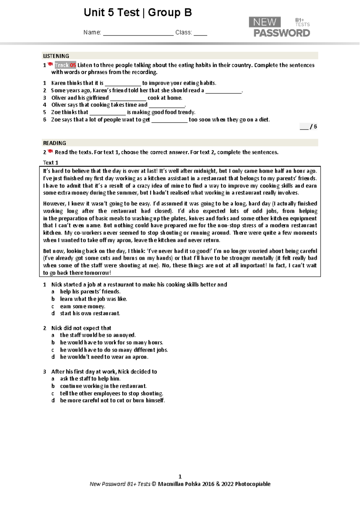 Unit 5B B1+ English Test - Listening, Reading & Writing Übungen - Studocu