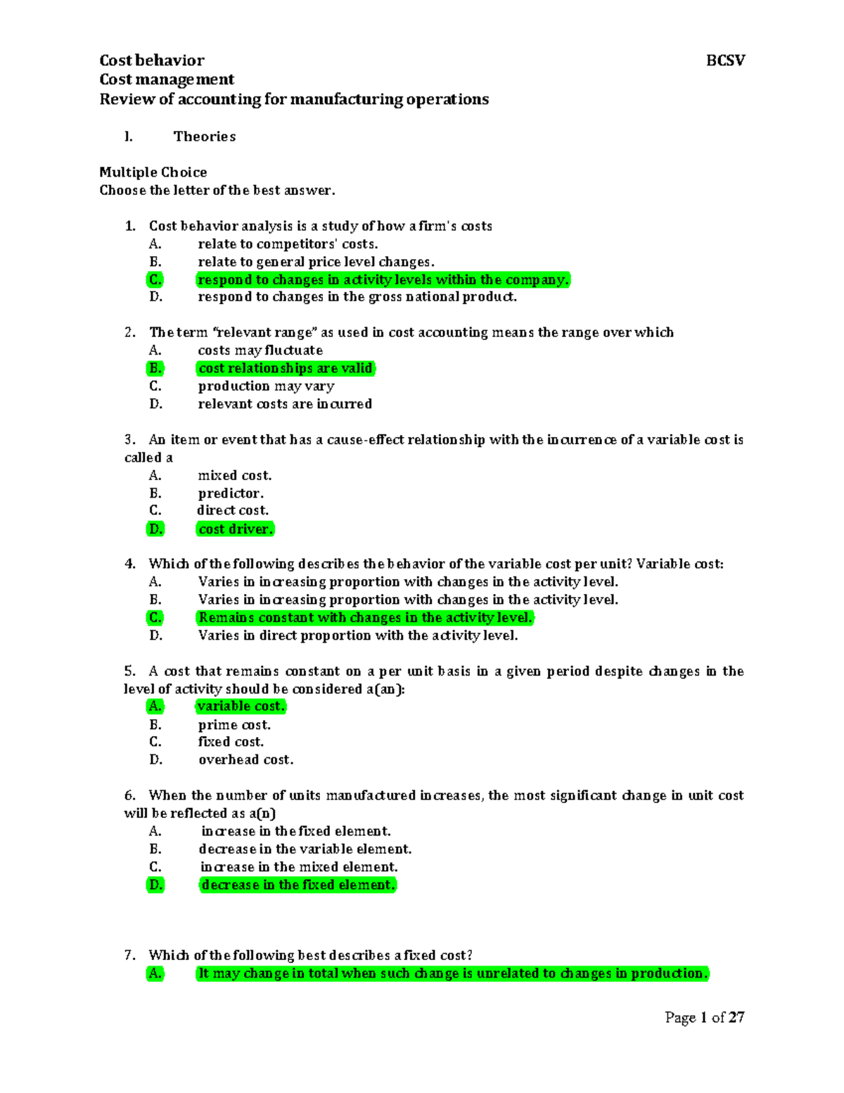 Cost Behavior Analysis & Management Review - BCSV Final Exam Guide ...