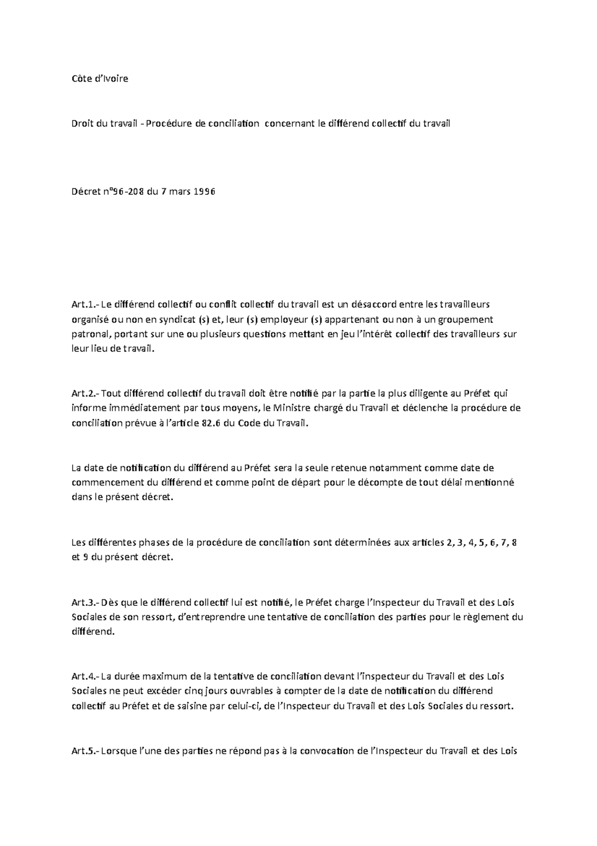 Droit du Travail: Concil. des Diférends Collectifs (Décret n°96-208 ...