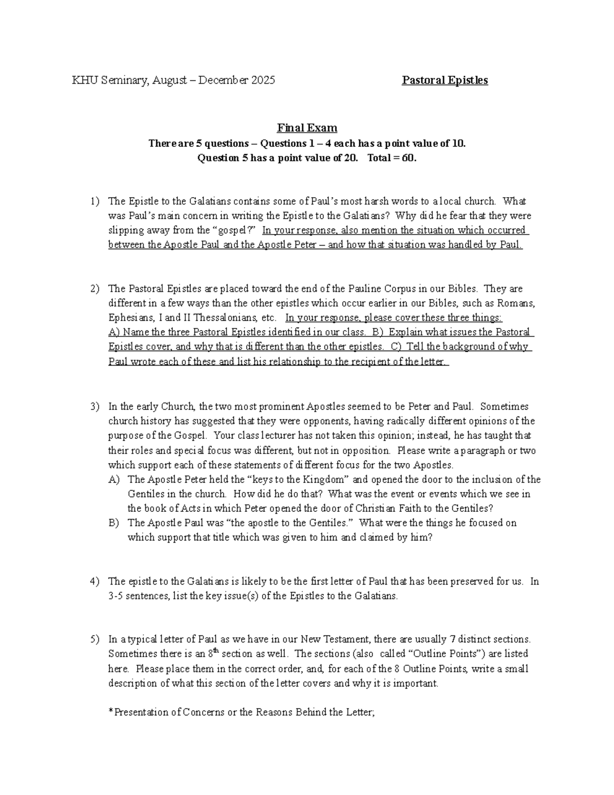 KHU Seminary Pastoral Epistles Final Exam - August 2025 - Studocu