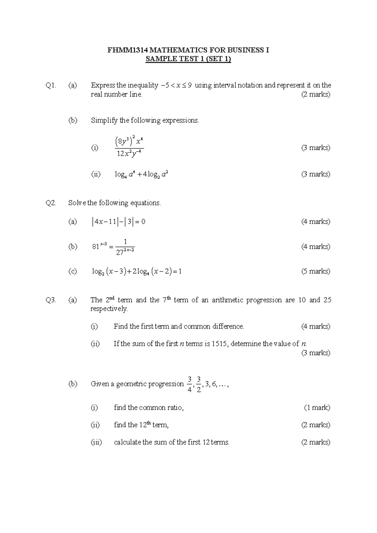 FHMM1314 MATHEMATICS FOR BUSINESS I SAMPLE TEST 1 (SET 1) - Studocu