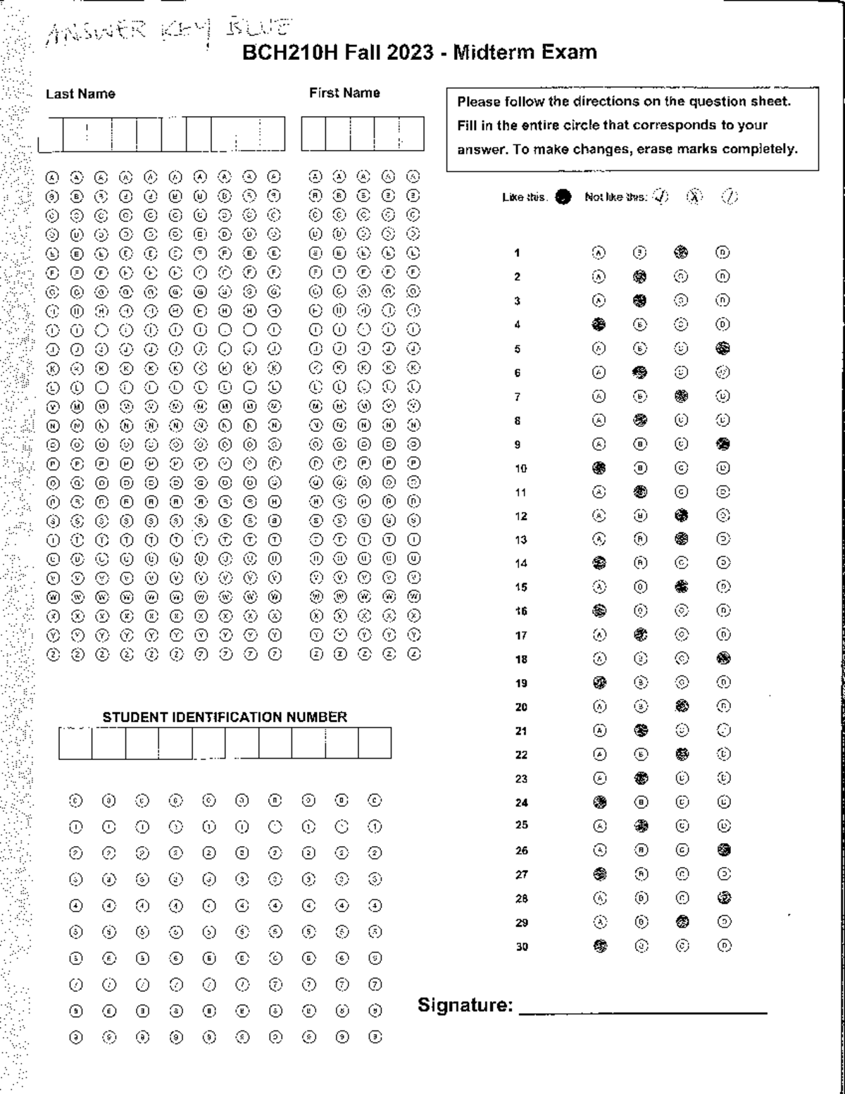 ANSWER KEY BCH210H Fall 2023 - Midterm Exam - Studocu