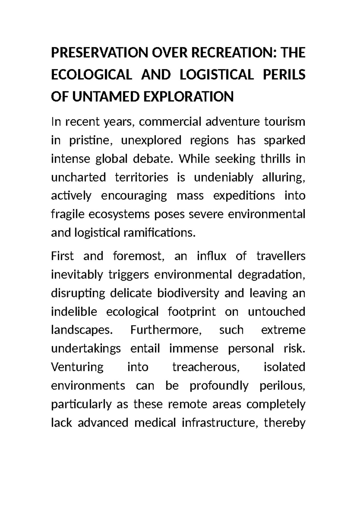 PRESERVATION VS. RECREATION: ECOLOGICAL IMPACTS OF ADVENTURE TOURISM ...