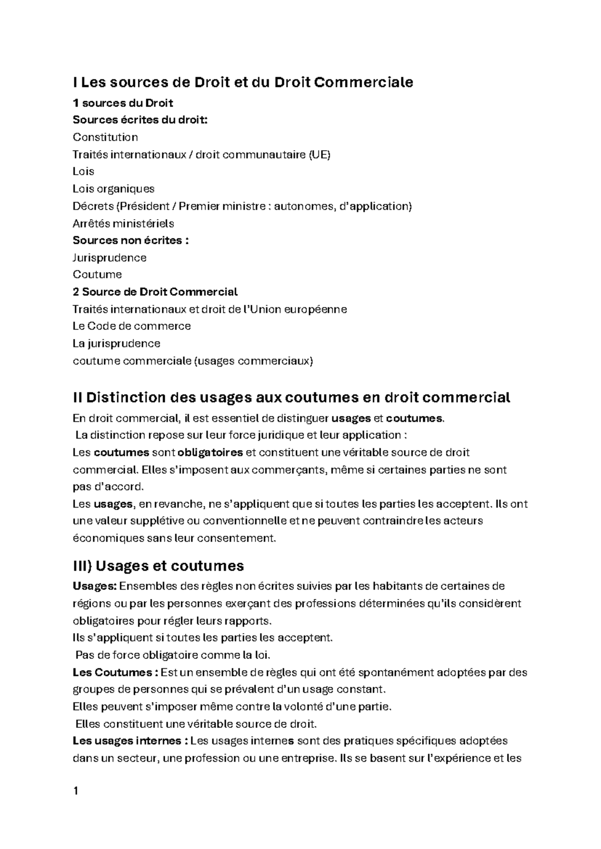 Devoir en Droit Commercial: Sources et Distinctions des Usages et ...