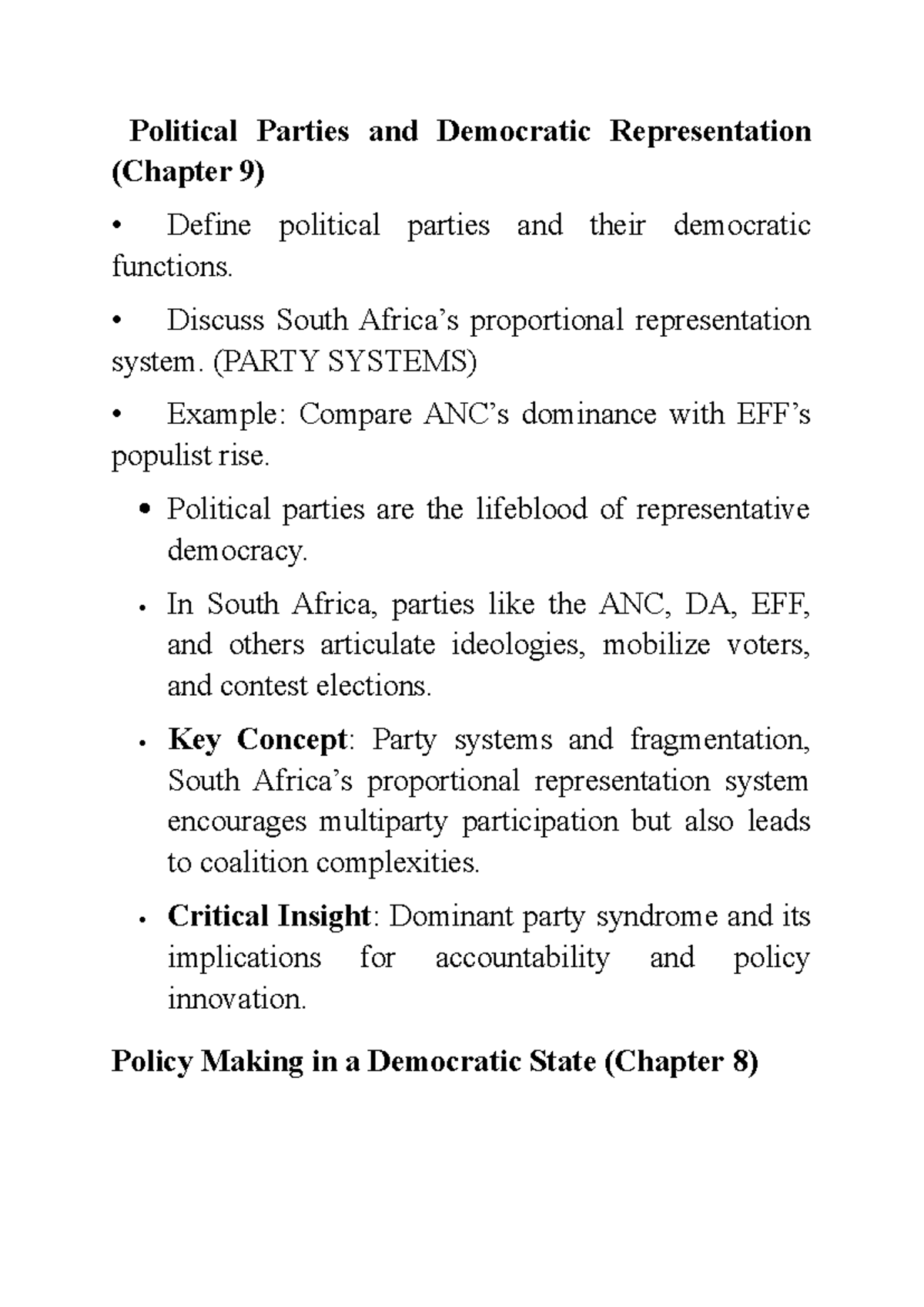 Political Parties and Policy Making in South Africa (Chapter 9) - Studocu